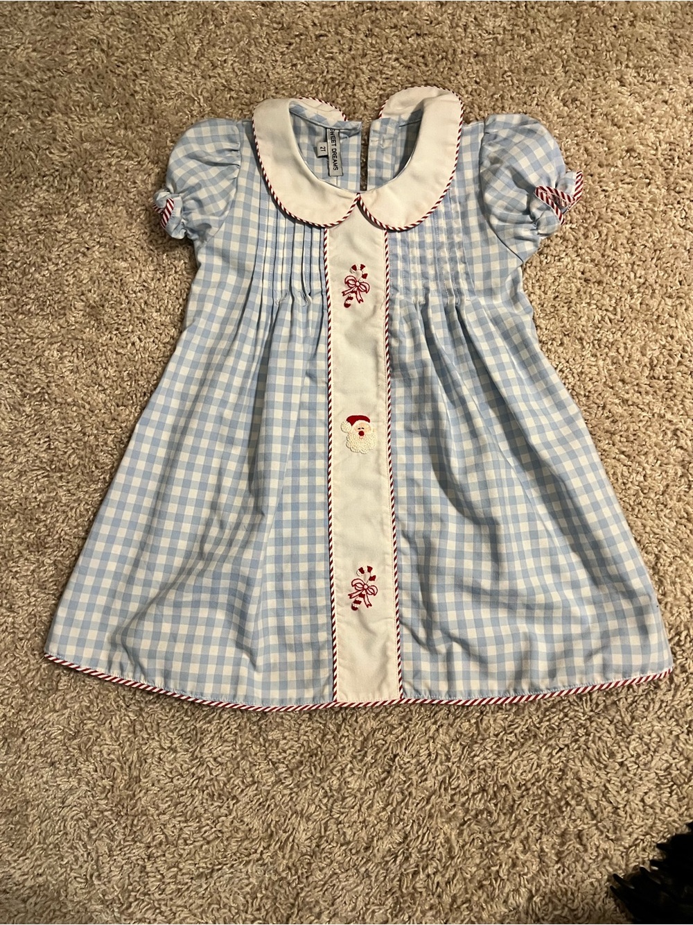 Sweet Dreams Light Blue Gingham Dress with Cream Front Panel and Red Trim